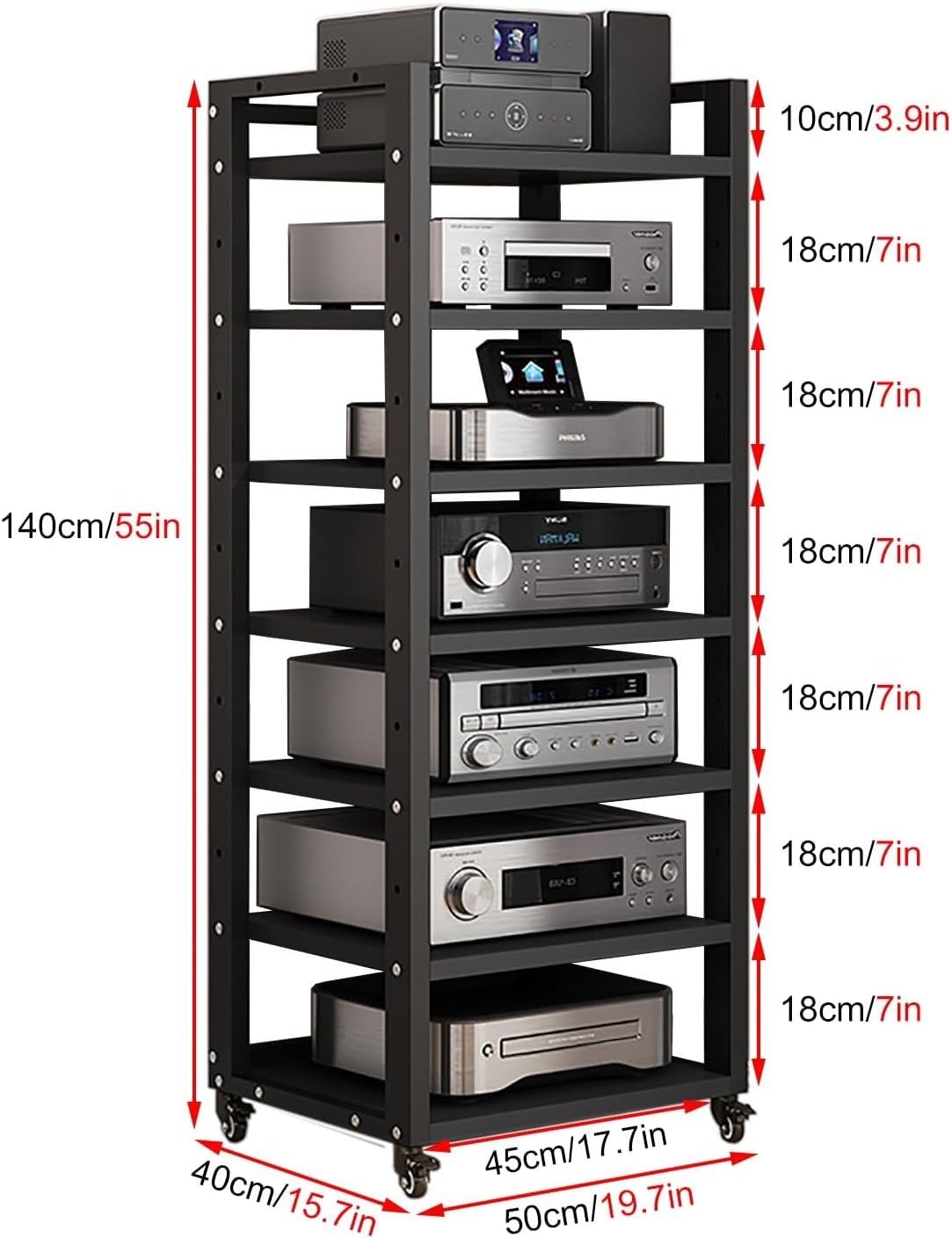 Wheeled Adjustable 7-Tier AV Media Rack