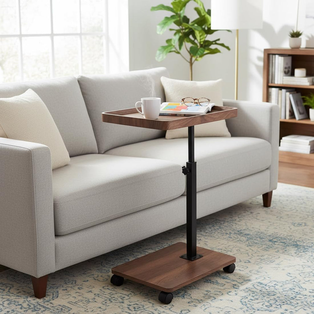 Walnut Swivel Wheeled Adjustable C Side Table