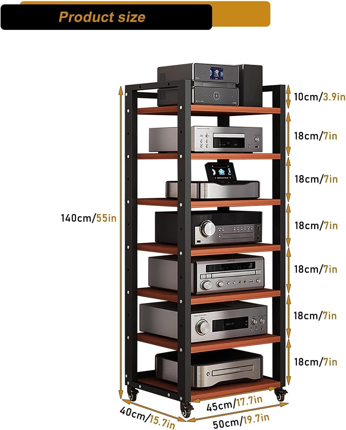 Teak 7-Tier Adjustable AV Media Rack