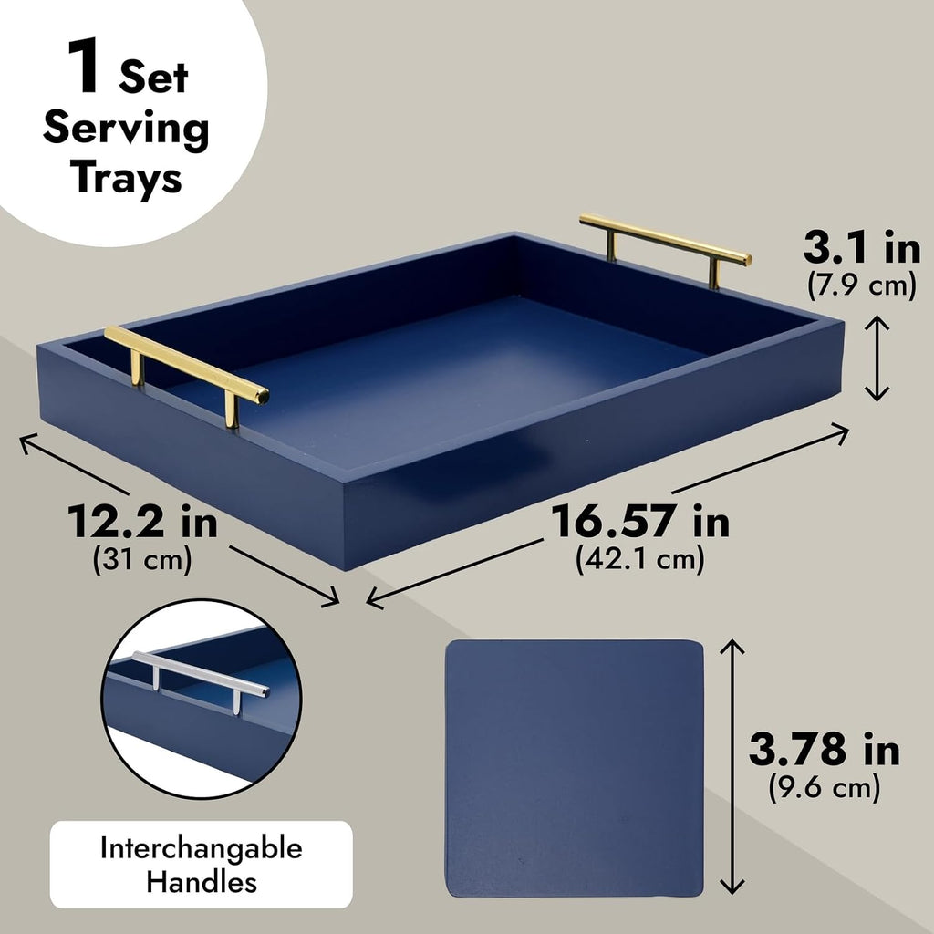 Blue Wood Dual Handle Decor Serving Tray