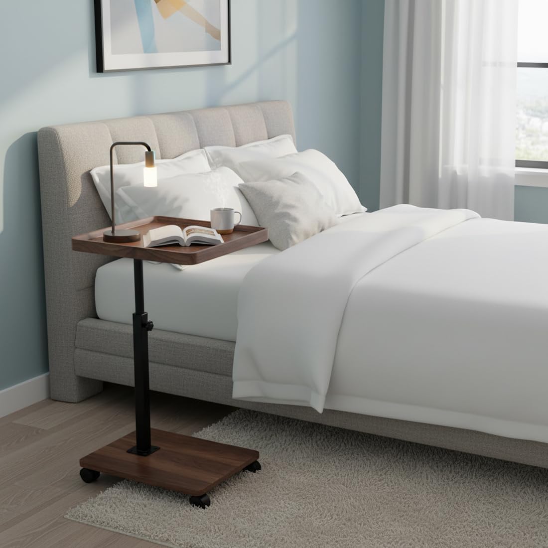 Walnut Swivel Wheeled Adjustable C Side Table