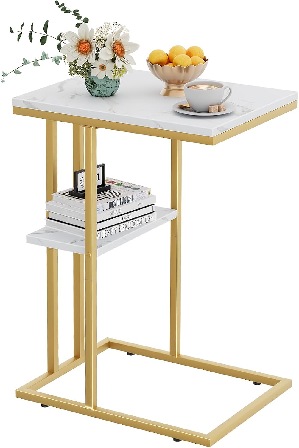 White Gold Slidable C-Shaped Couch Side Table