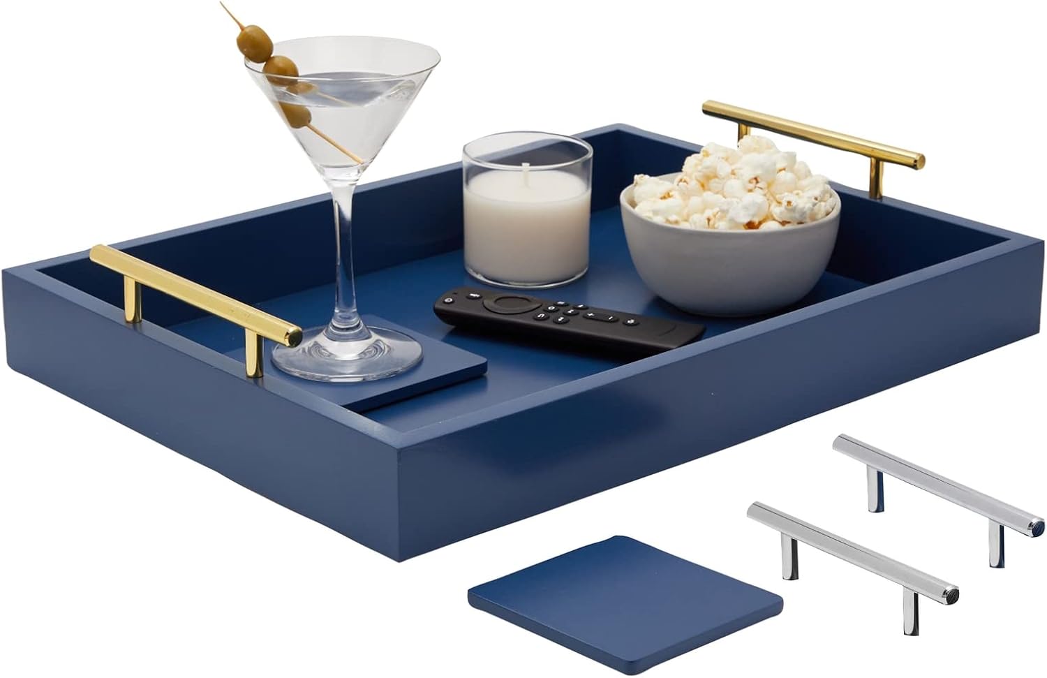 Blue Wood Dual Handle Decor Serving Tray