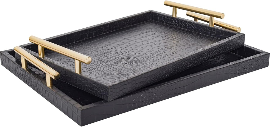 Black Leather Gold Handle Decor Serving Trays