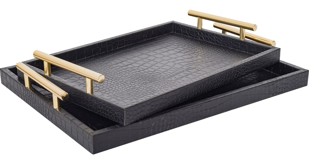 Black Leather Gold Handle Decor Serving Trays