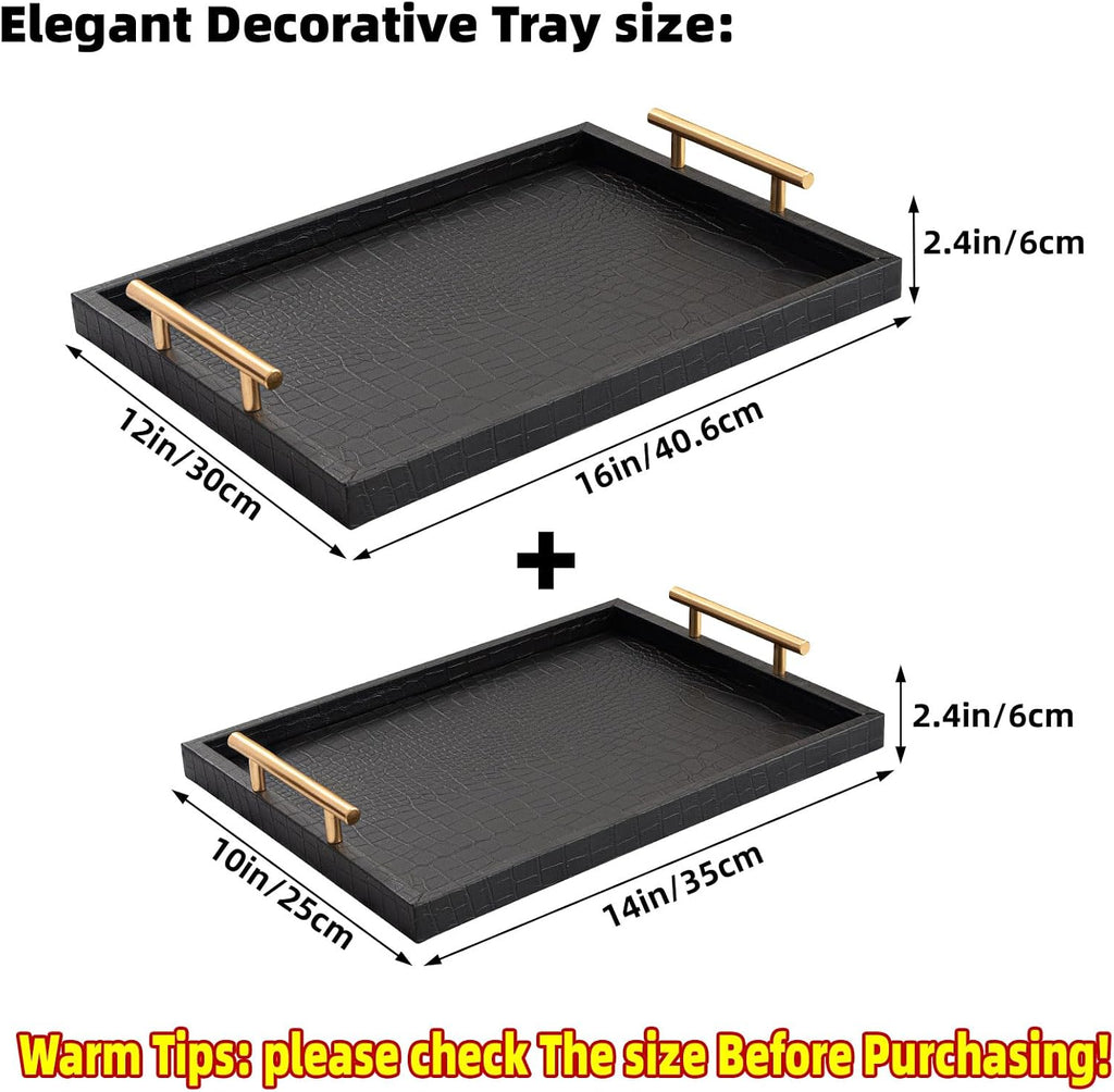 Black Leather Gold Handle Decor Serving Trays