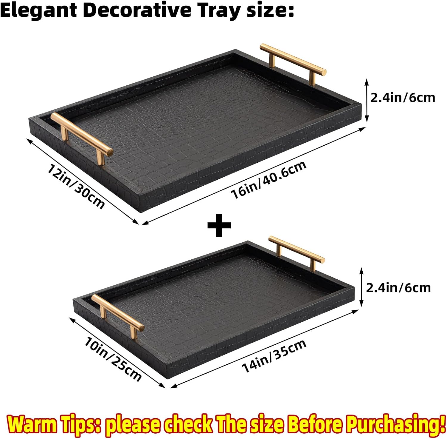 Black Leather Gold Handle Decor Serving Trays