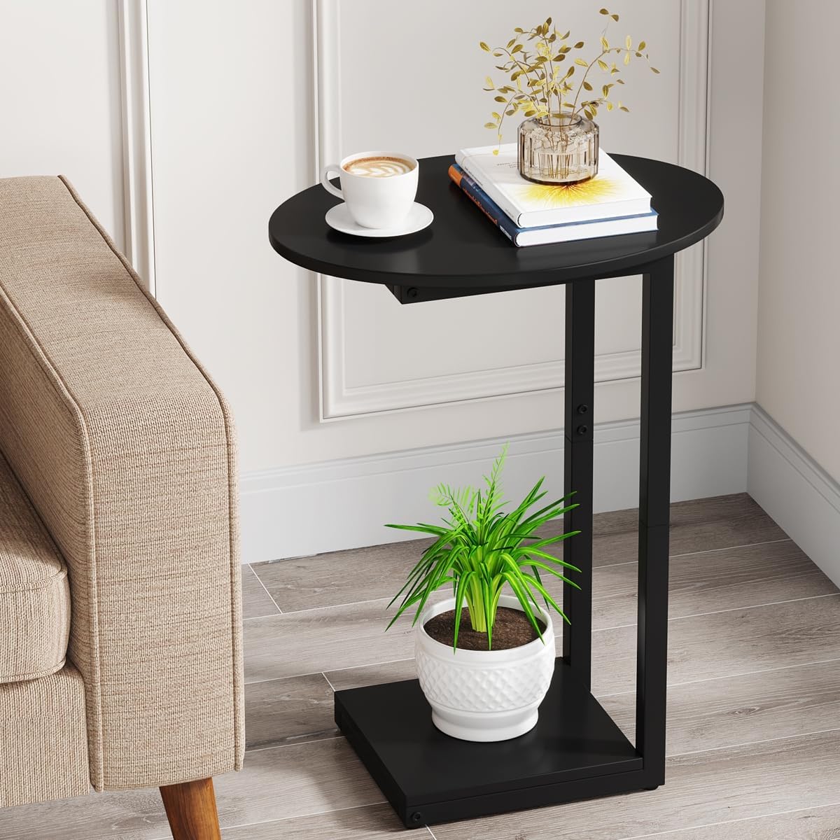 Black Wooden C-Shaped Couch Side Table