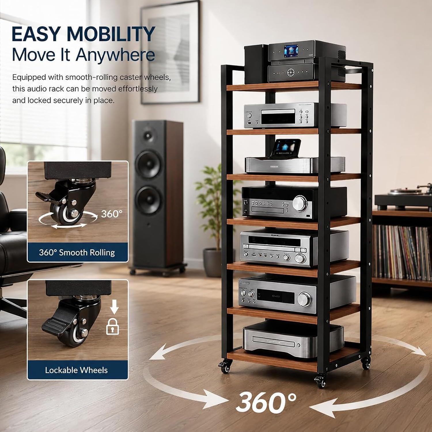 Wheeled Adjustable 7-Tier Audio Rack