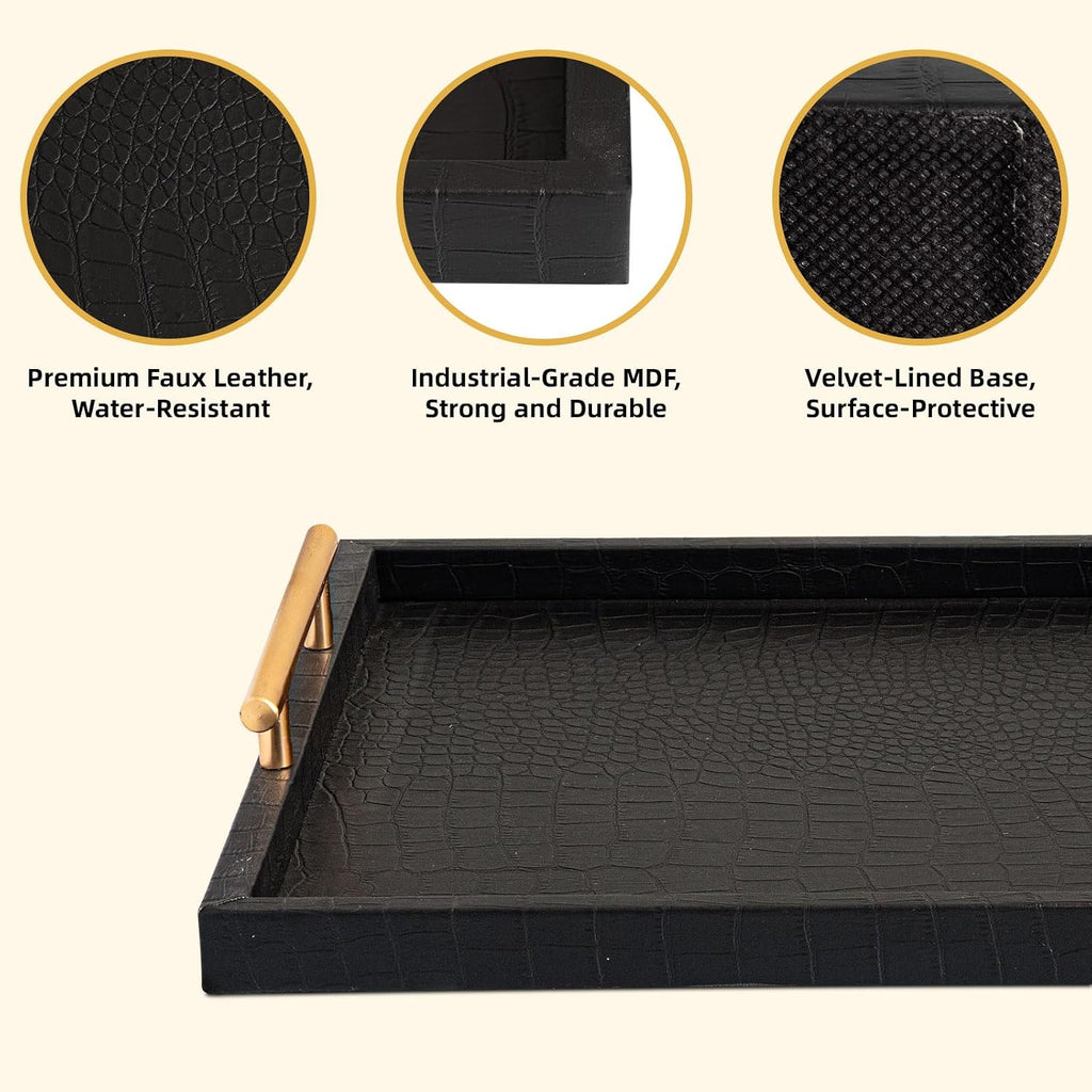 Black Leather Gold Handle Decor Serving Trays
