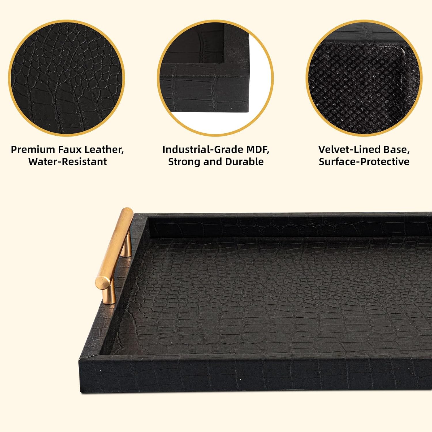 Black Leather Gold Handle Decor Serving Trays