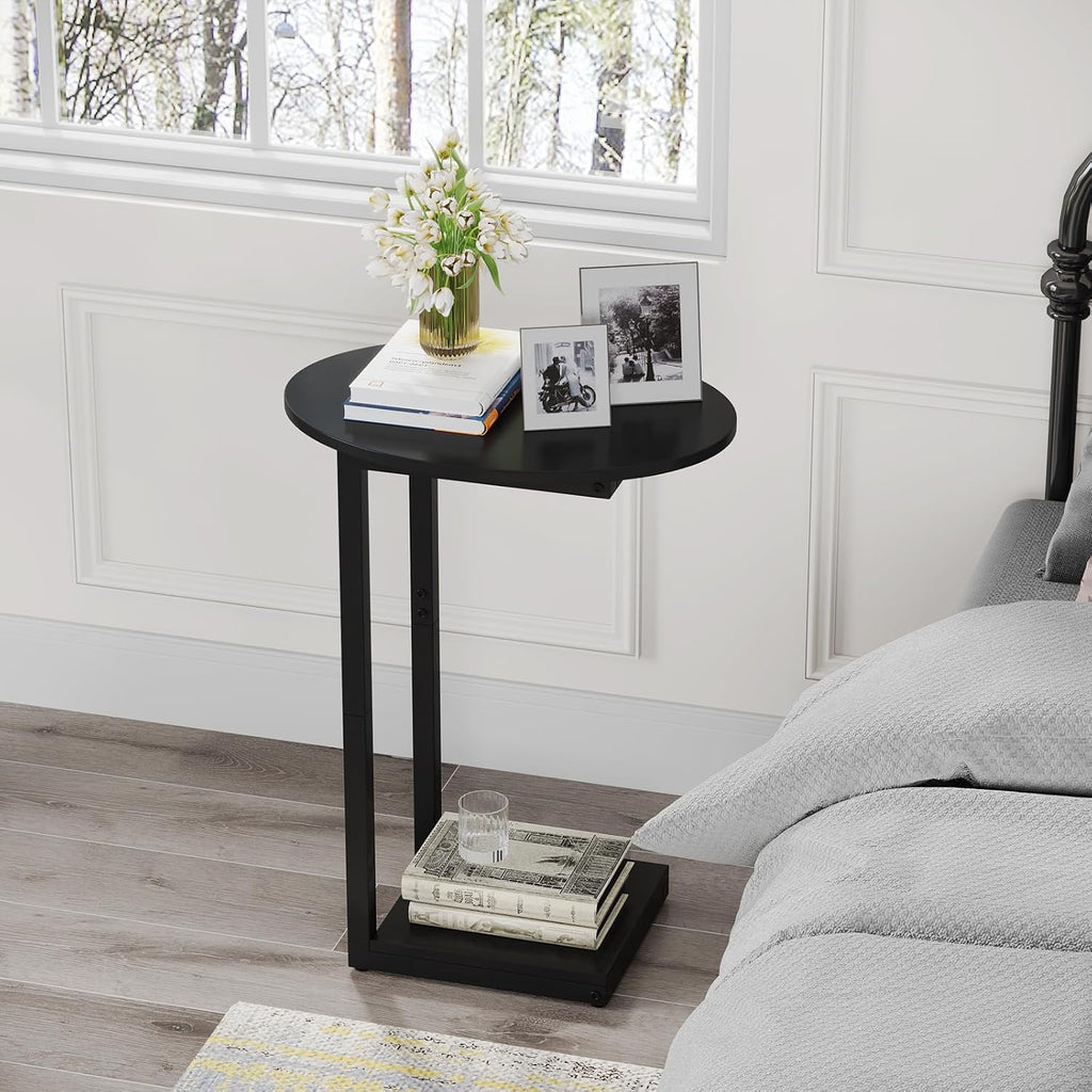 Black Wooden C-Shaped Couch Side Table