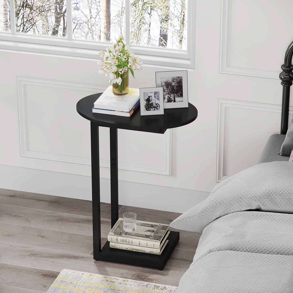 Black Wooden C-Shaped Couch Side Table