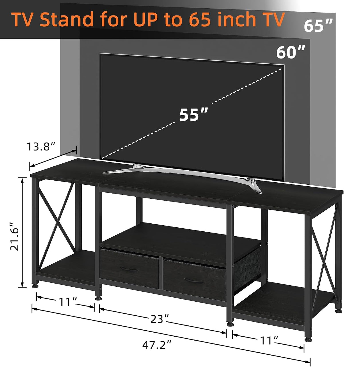 Black Industrial Fabric Drawer TV Stand