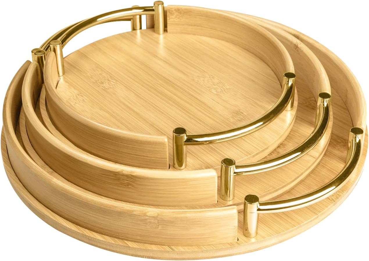 Bamboo Round Gold Handle Serving Trays