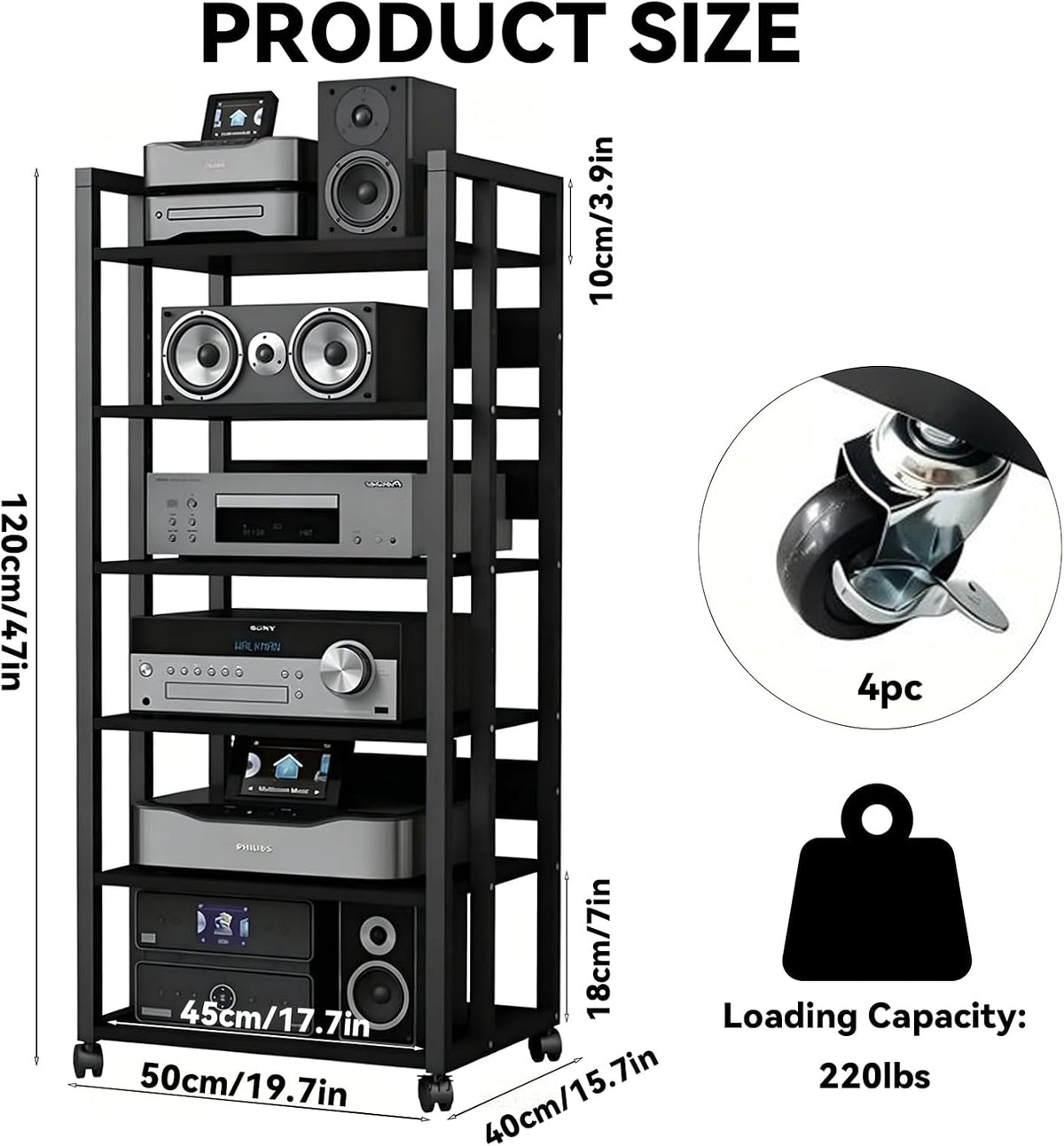 Wheeled Adjustable 6-Tier AV Media Stand