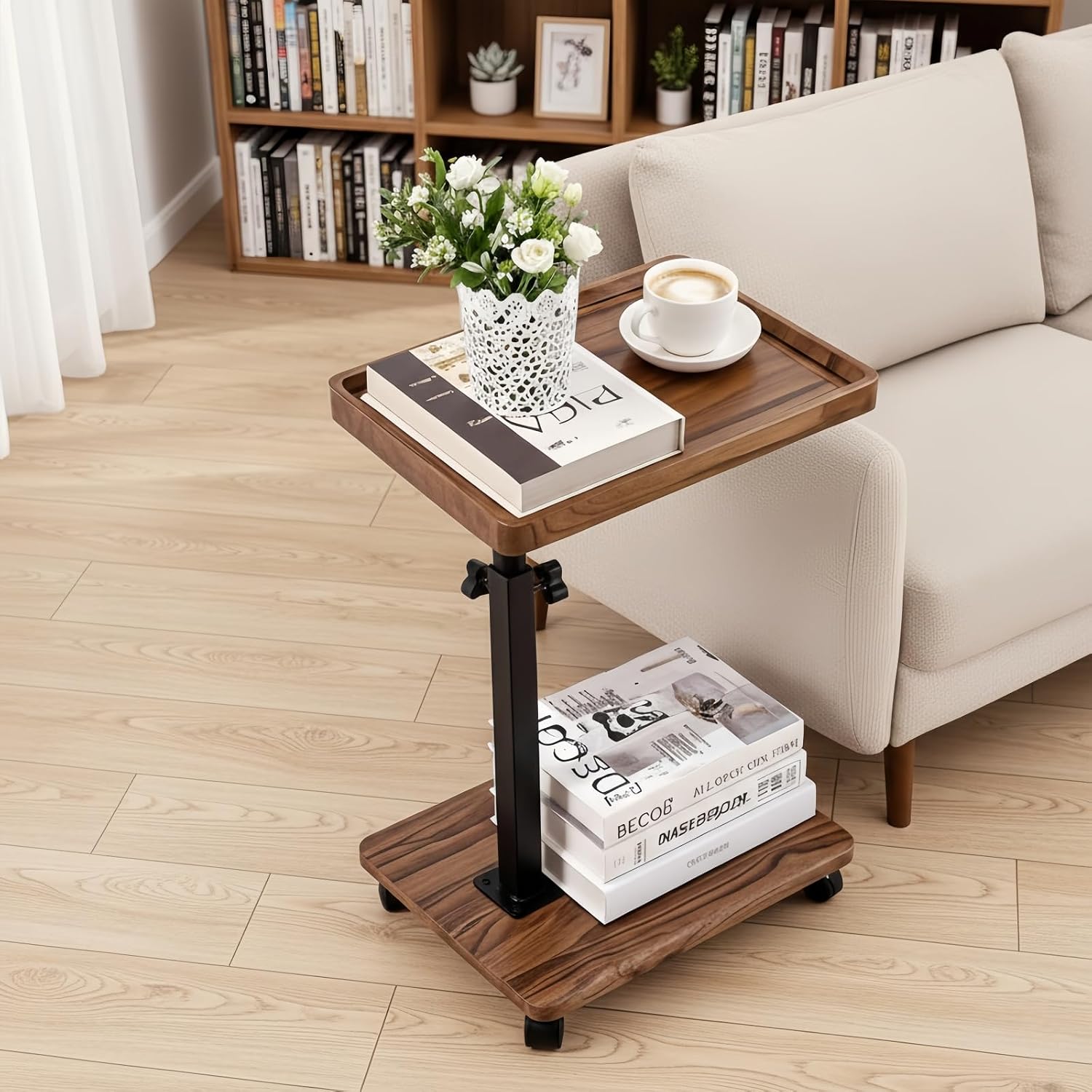 Walnut Swivel Adjustable Slidable C Side Table