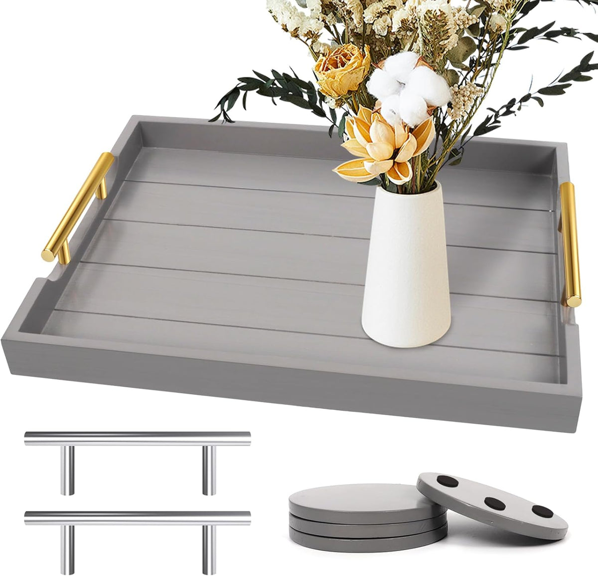 Gray Wooden Decor Serving Tray With Coasters