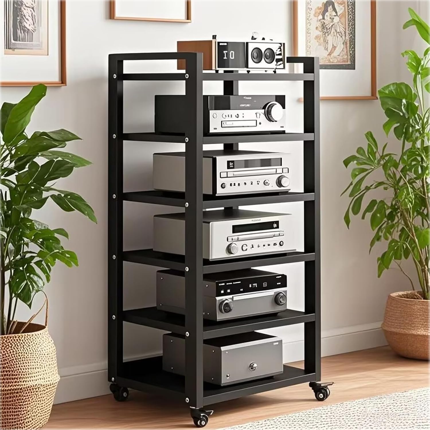 Black 6-Tier Adjustable Audio Rack Tower