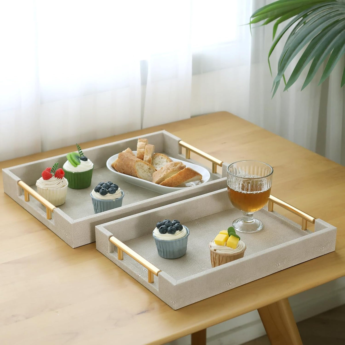 Ivory PU Gold Handle Decor Serving Trays