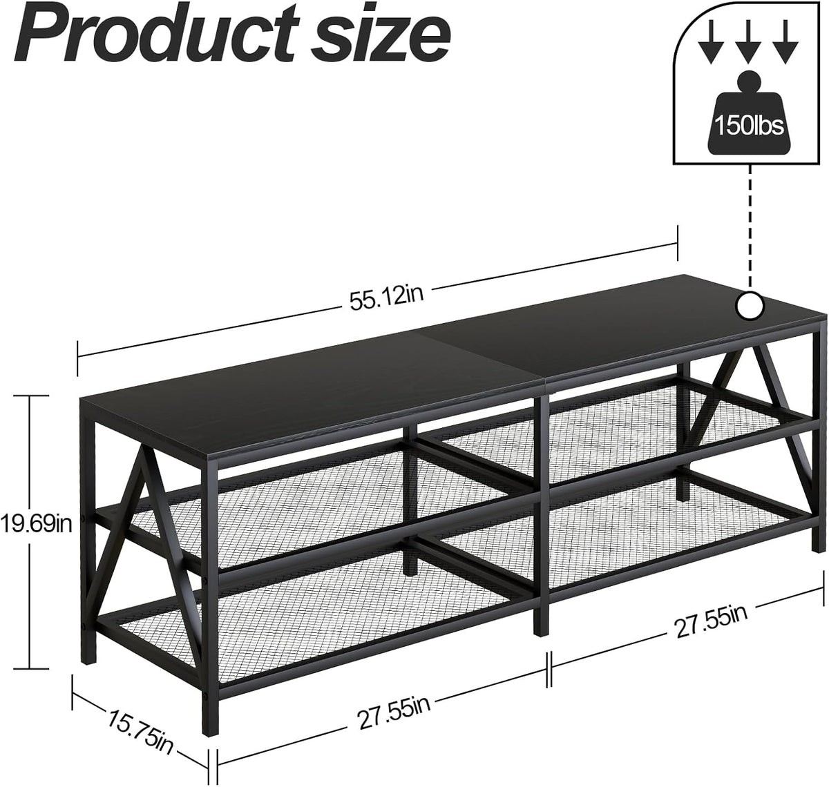 Black 3-Tier Industrial TV Console Stand