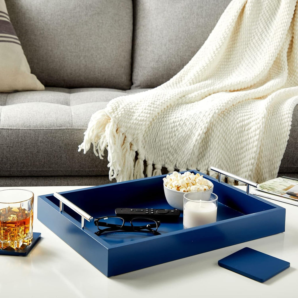 Blue Wood Dual Handle Decor Serving Tray