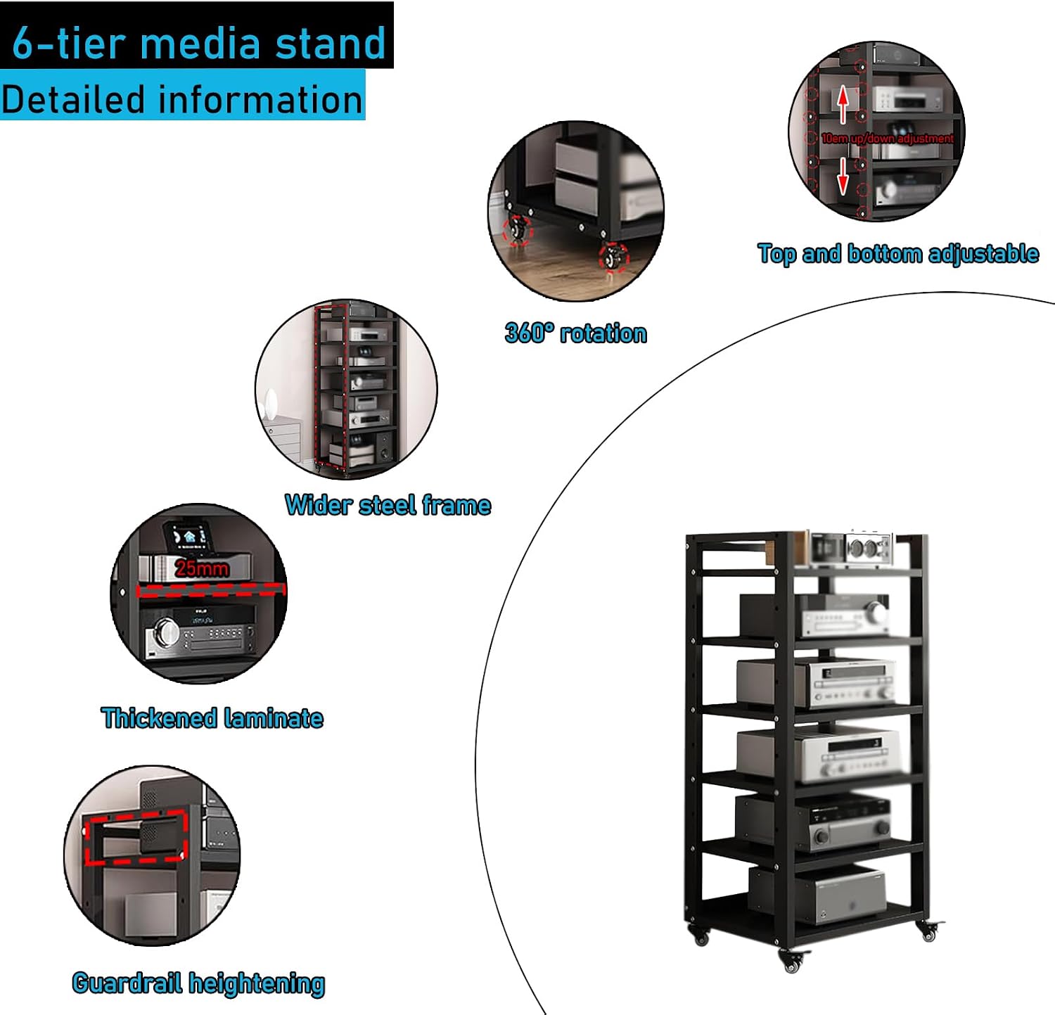 Black 6-Tier Adjustable Audio Rack Tower