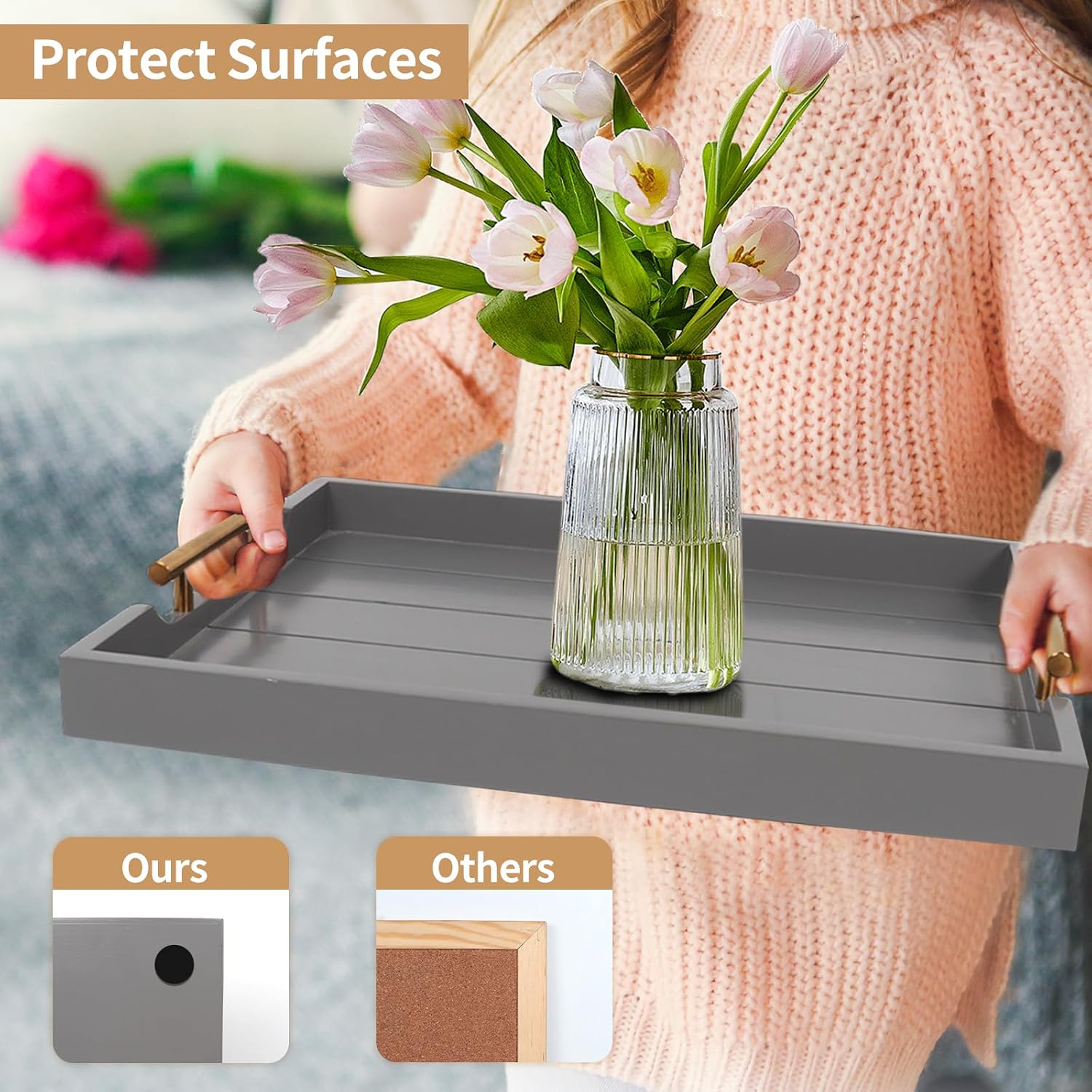 Gray Wooden Decor Serving Tray With Coasters