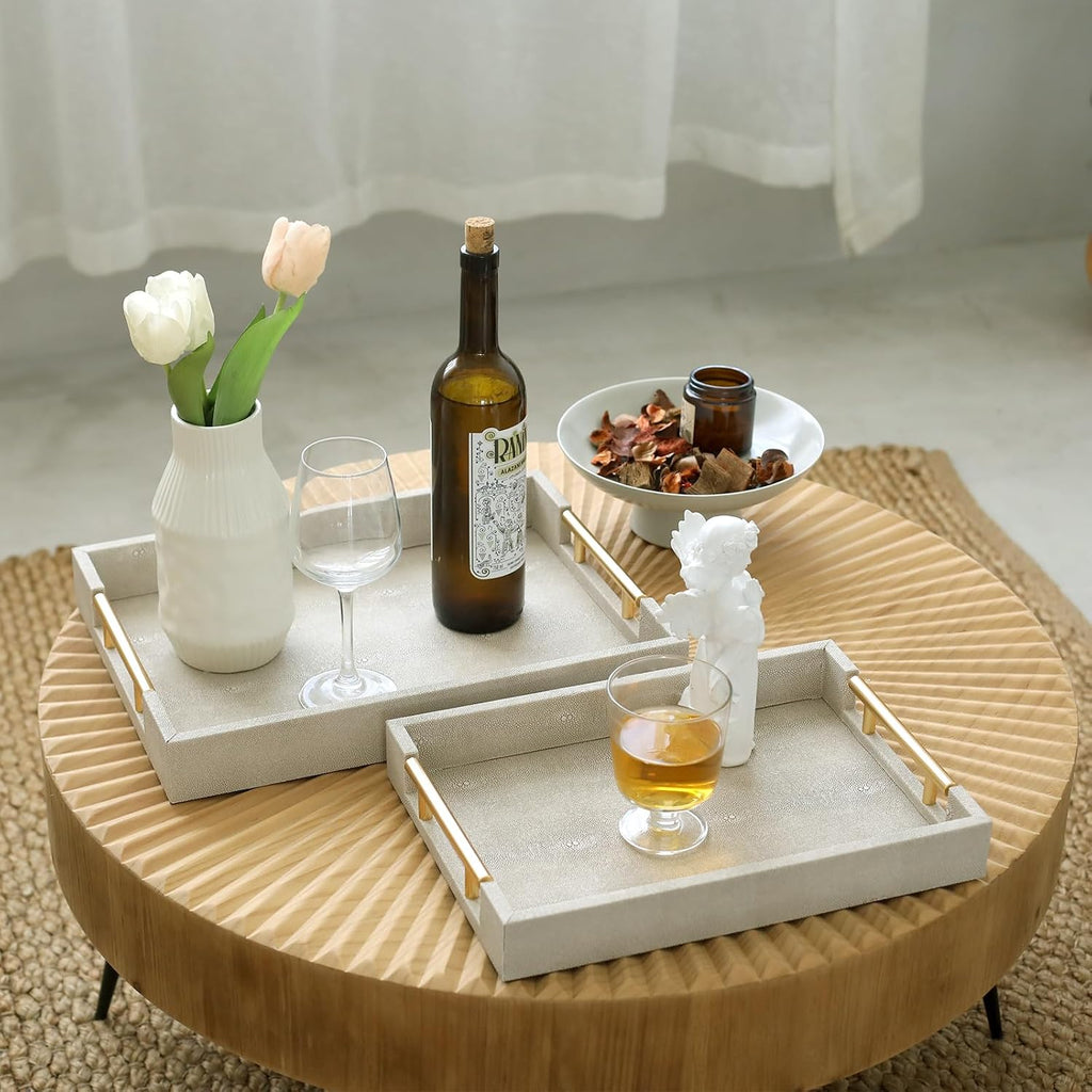 Ivory PU Gold Handle Decor Serving Trays