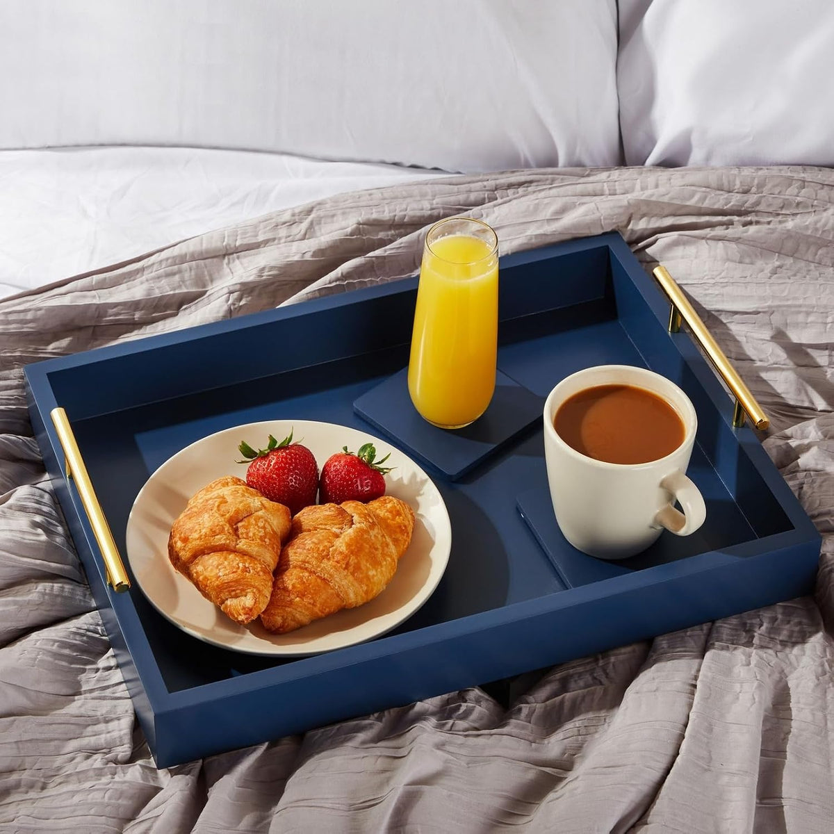 Blue Wood Dual Handle Decor Serving Tray