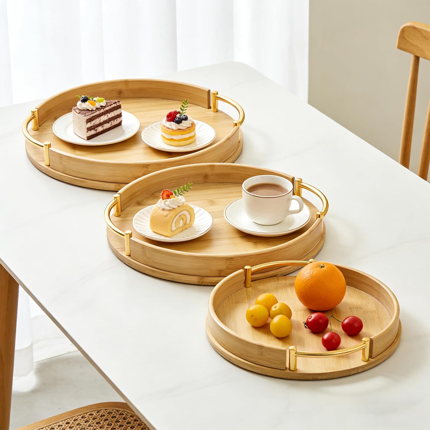 Bamboo Round Gold Handle Serving Trays