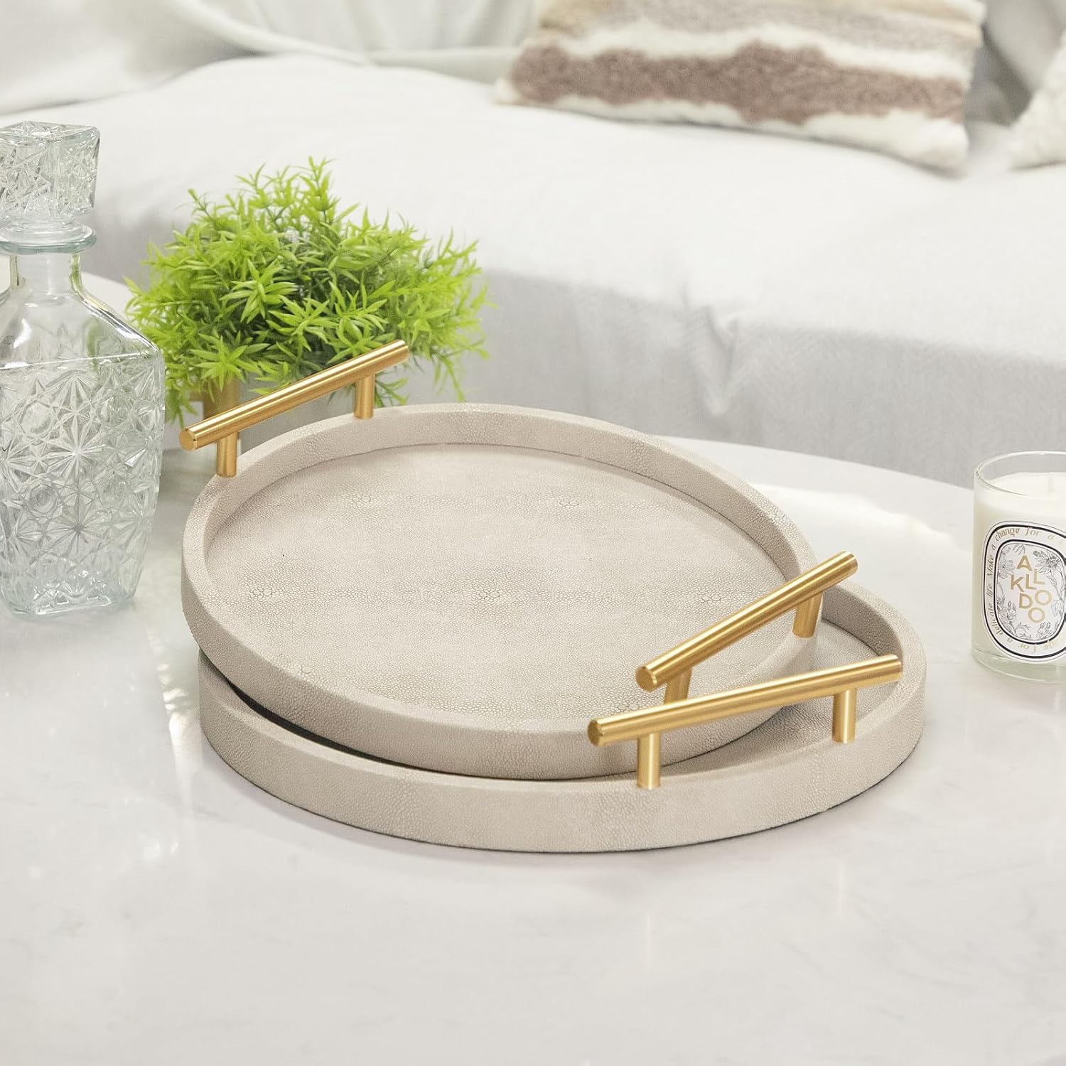 Ivory Round Gold Handle Decor Serving Trays