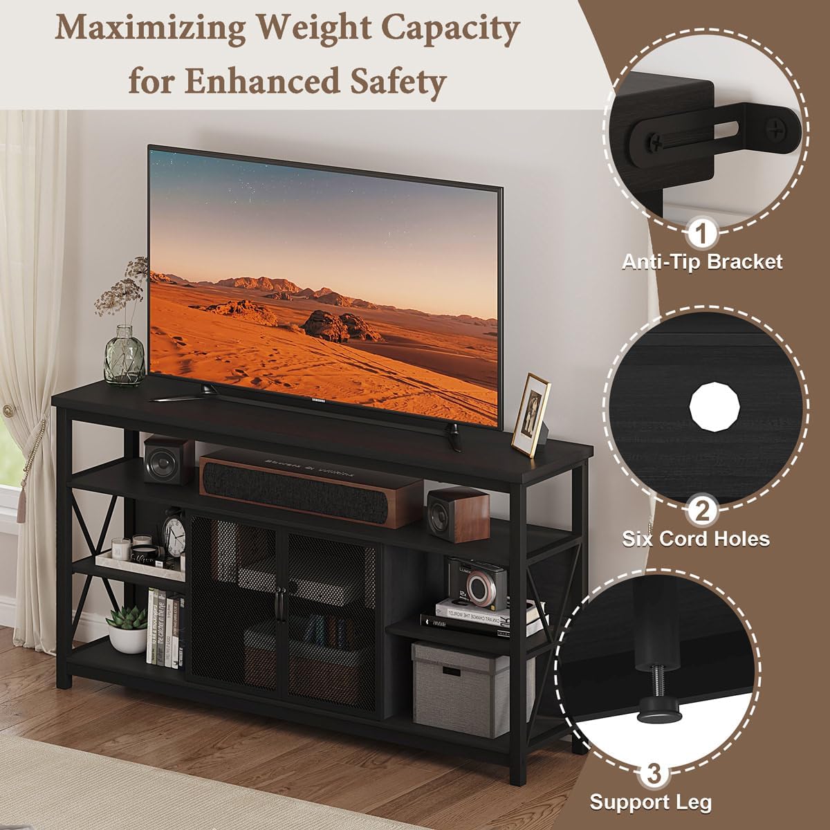 Black Oak Tall Industrial Storage TV Stand