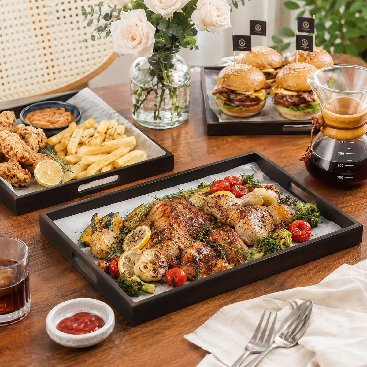 Nesting Bamboo Handle Decor Serving Trays