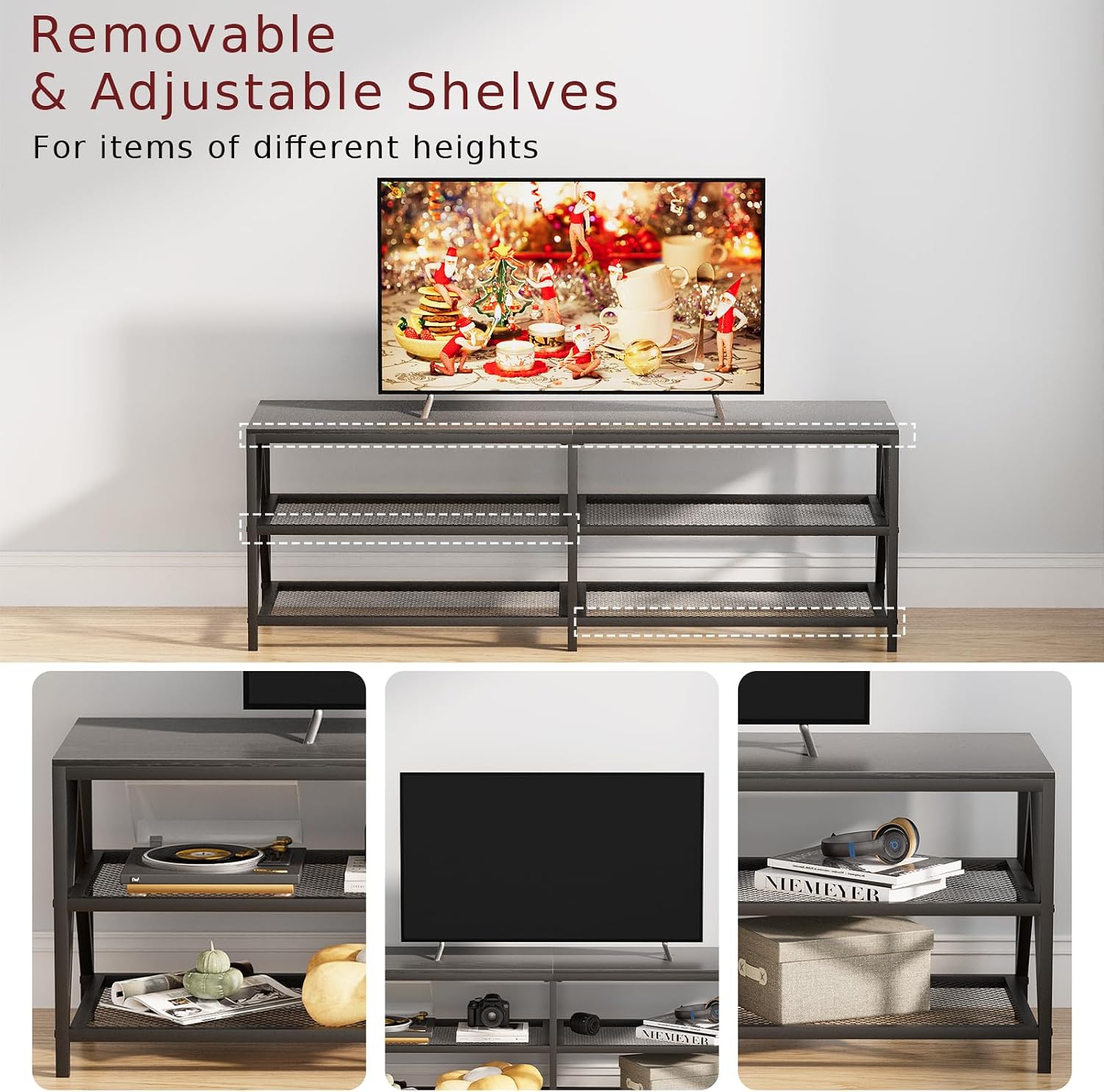 Black 3-Tier Industrial TV Console Stand