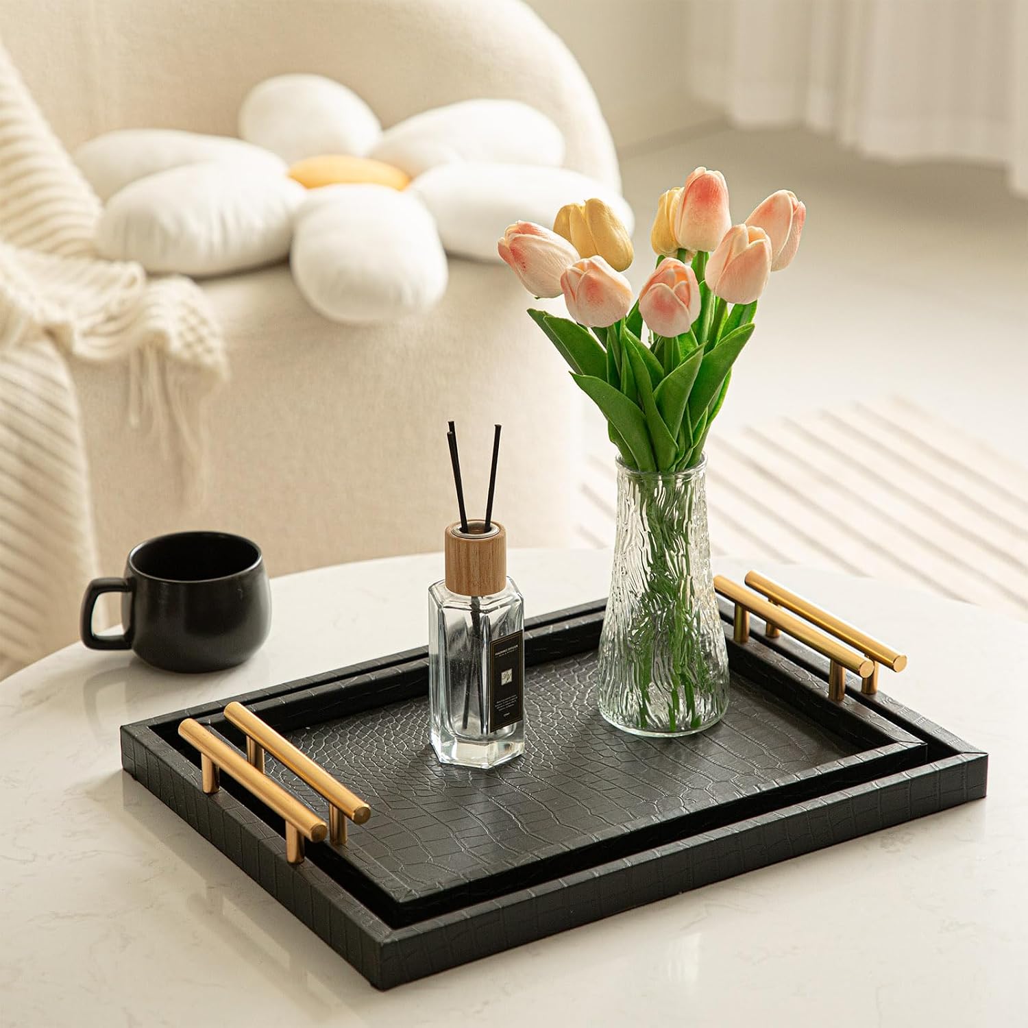 Black Leather Gold Handle Decor Serving Trays