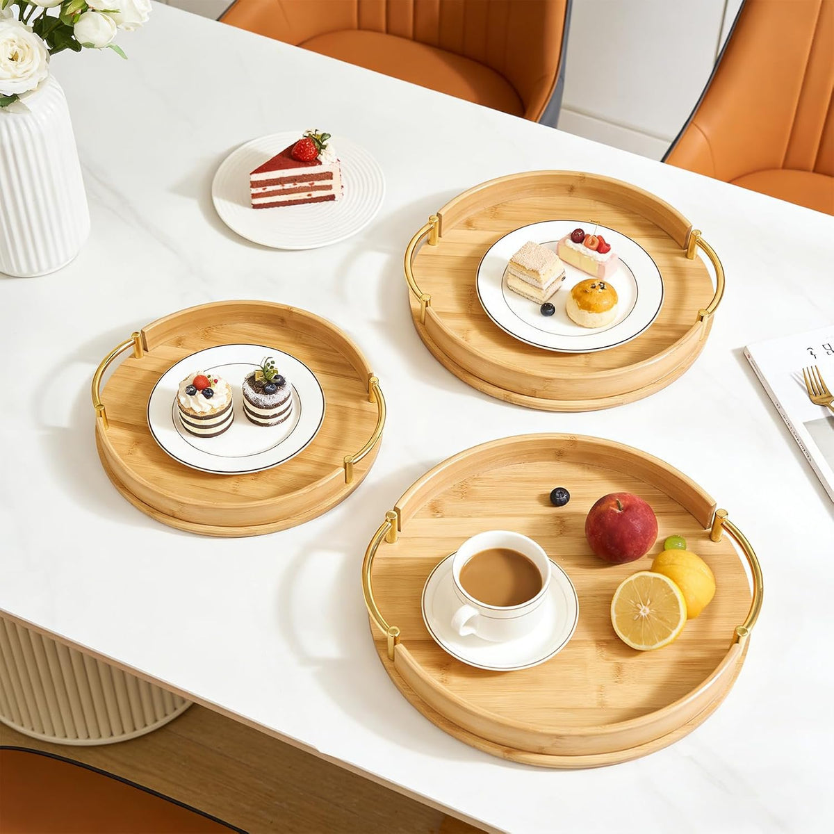 Bamboo Round Gold Handle Serving Trays