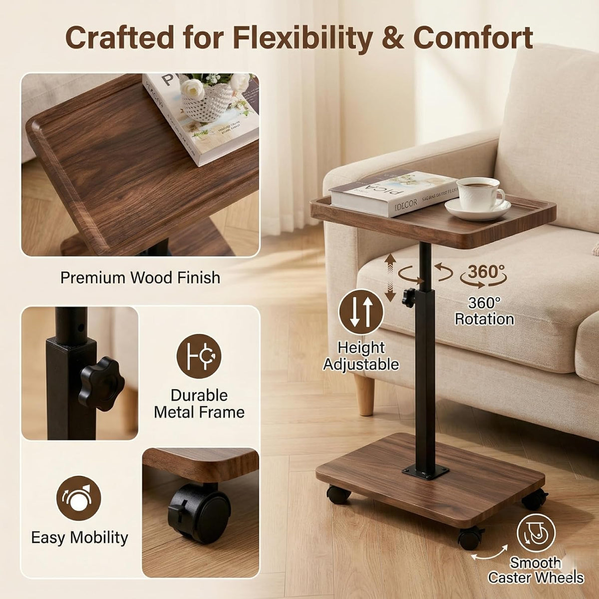 Walnut Swivel Adjustable Slidable C Side Table