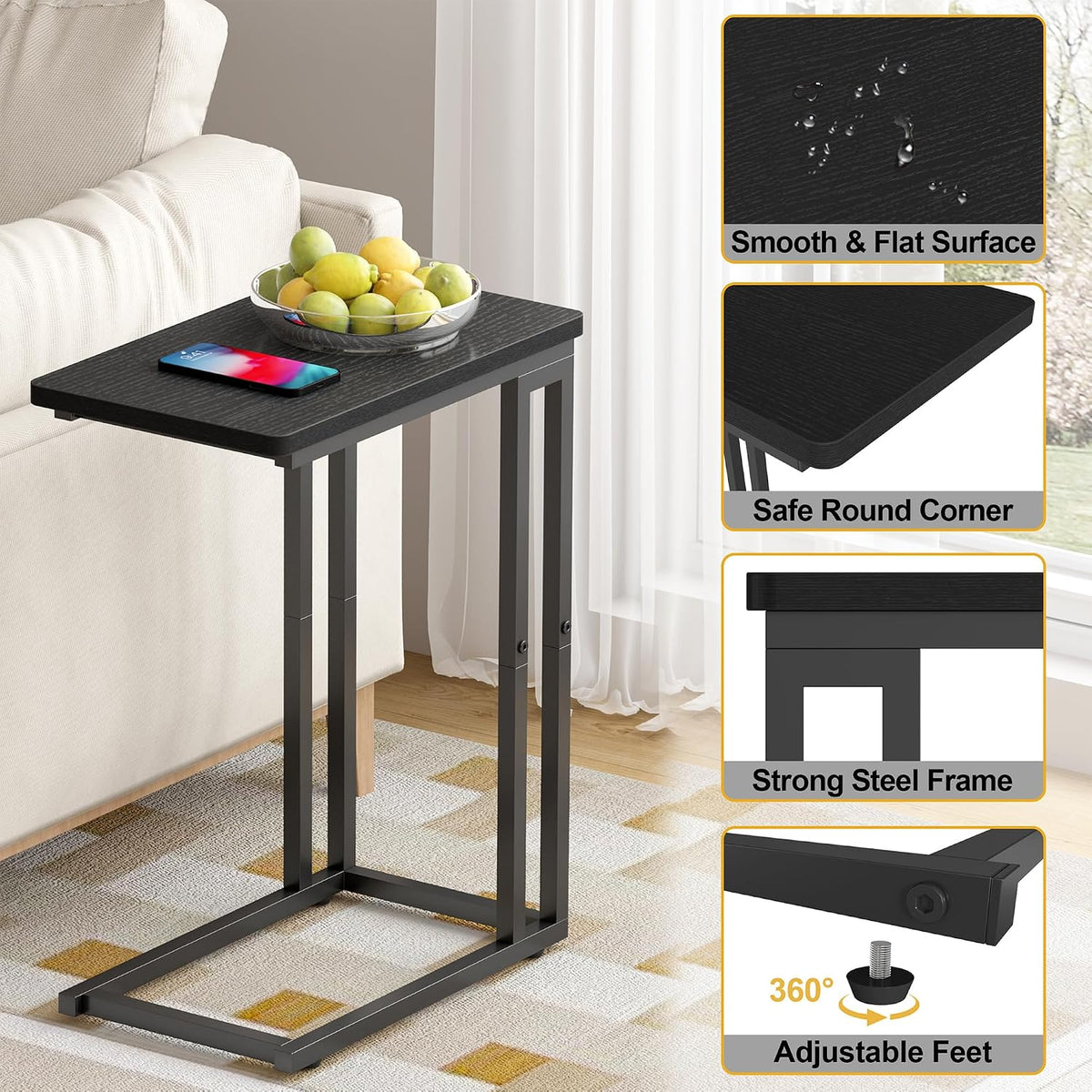 Black Oak Slidable C-Shaped Side Table