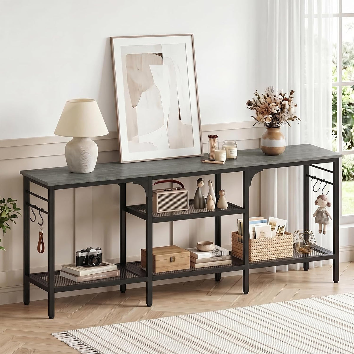 Oak 3-Tier Industrial TV Console Stand