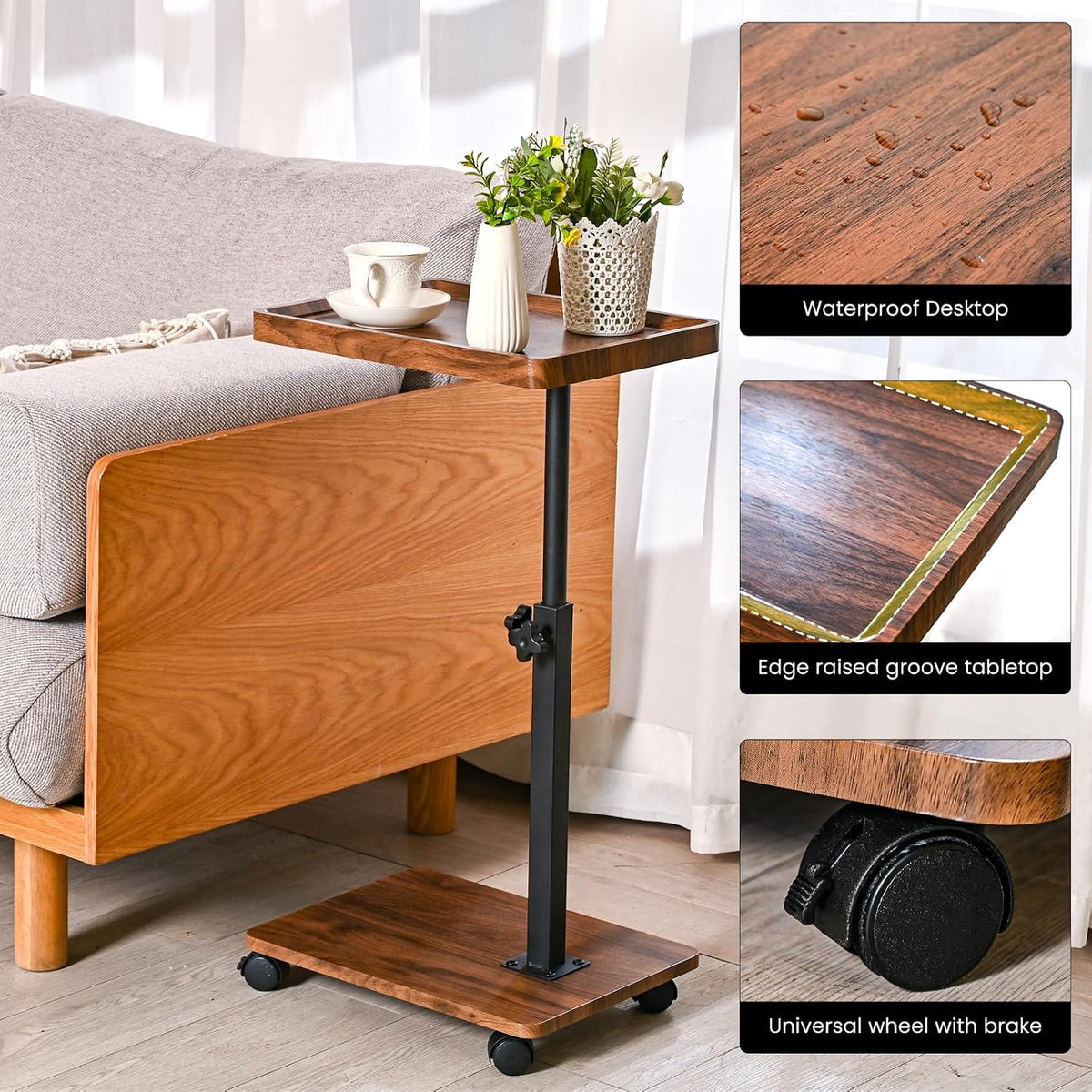 Walnut Swivel Adjustable Slidable C Side Table