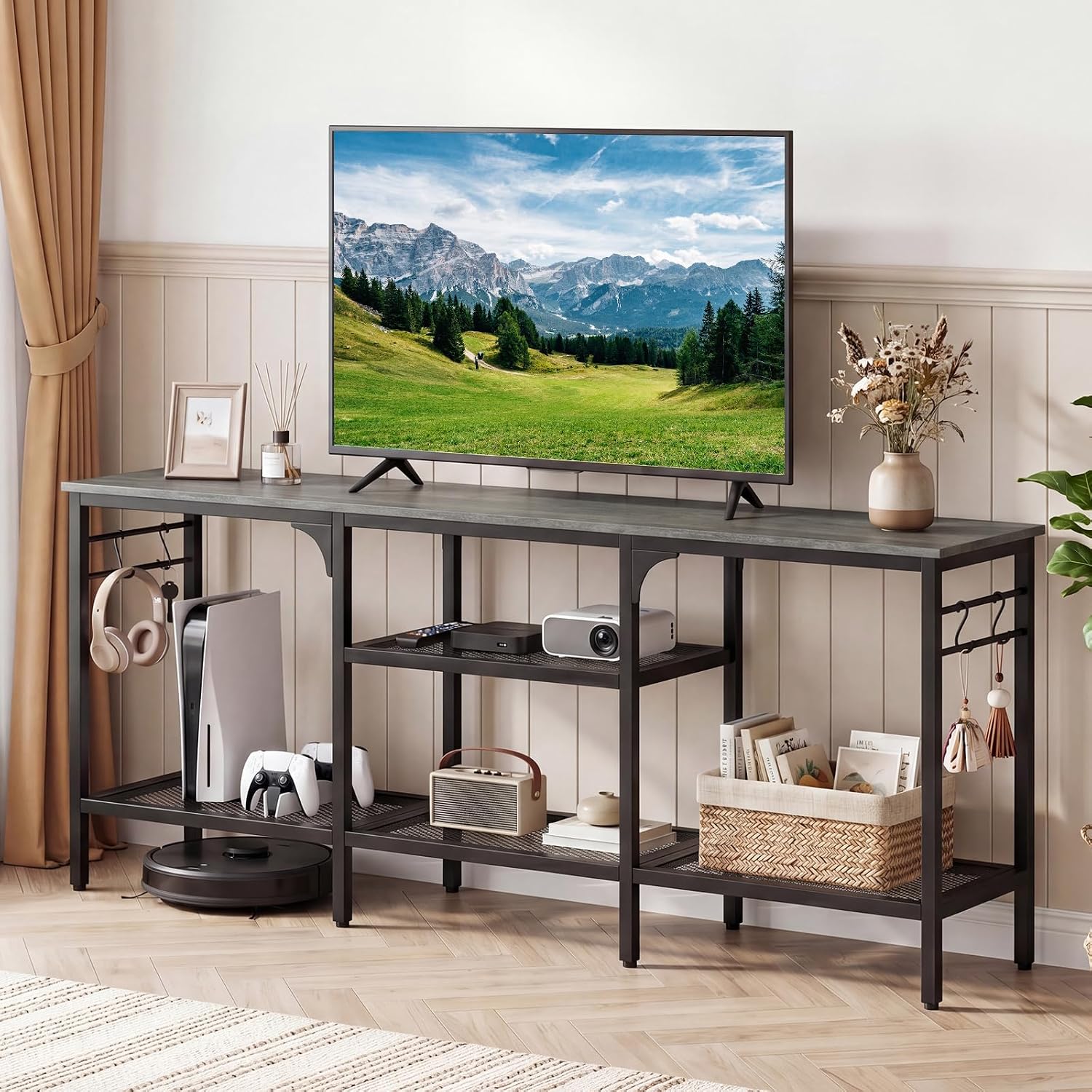 Oak 3-Tier Industrial TV Console Stand