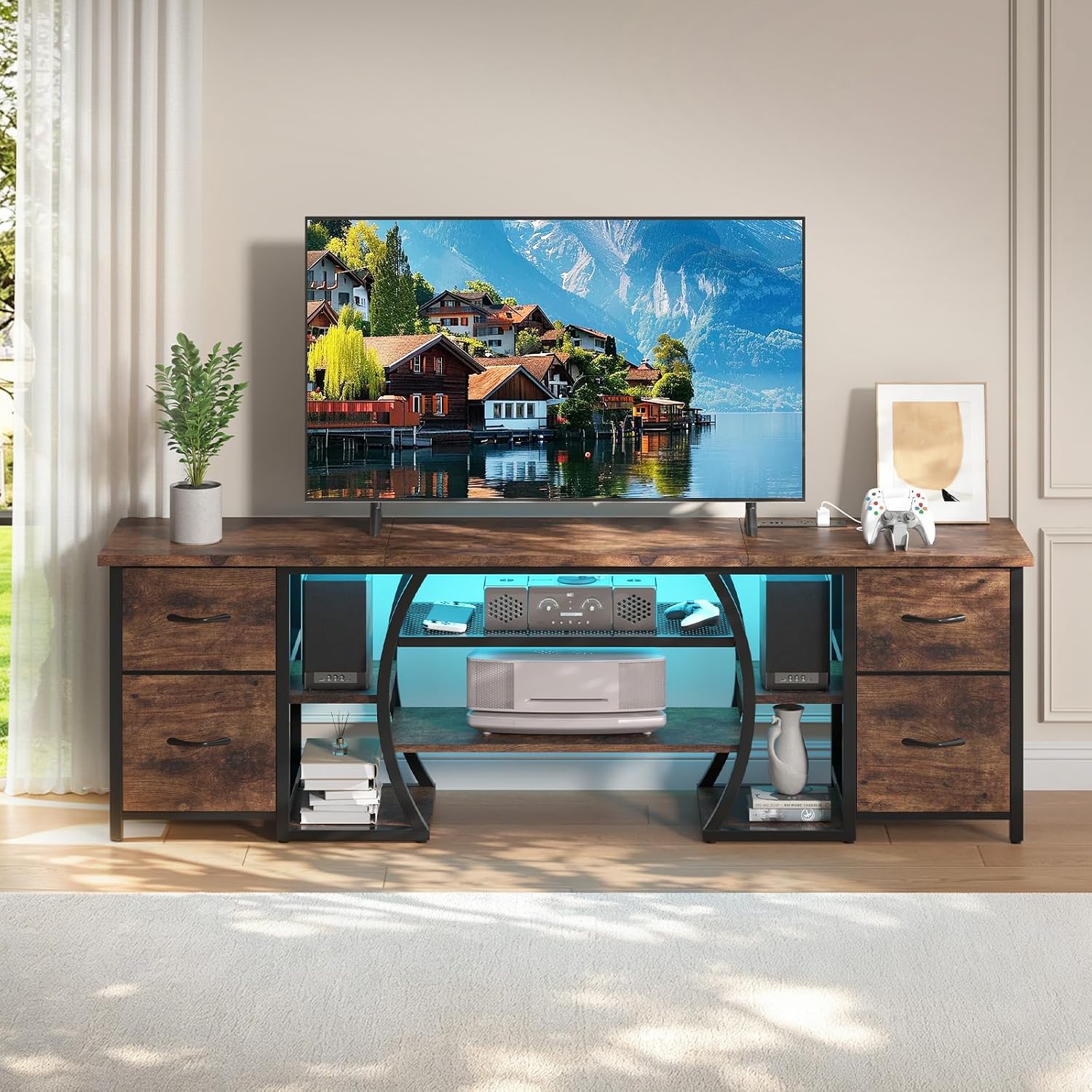 Rustic Brown LED Power Media TV Console