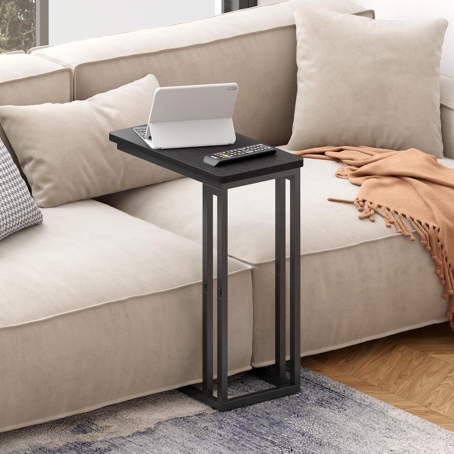 Black Oak Slidable C-Shaped Side Table