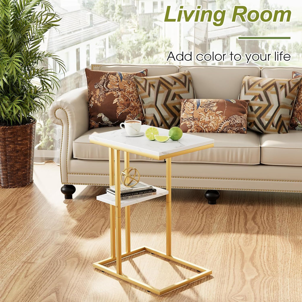 White Gold Slidable C-Shaped Couch Side Table