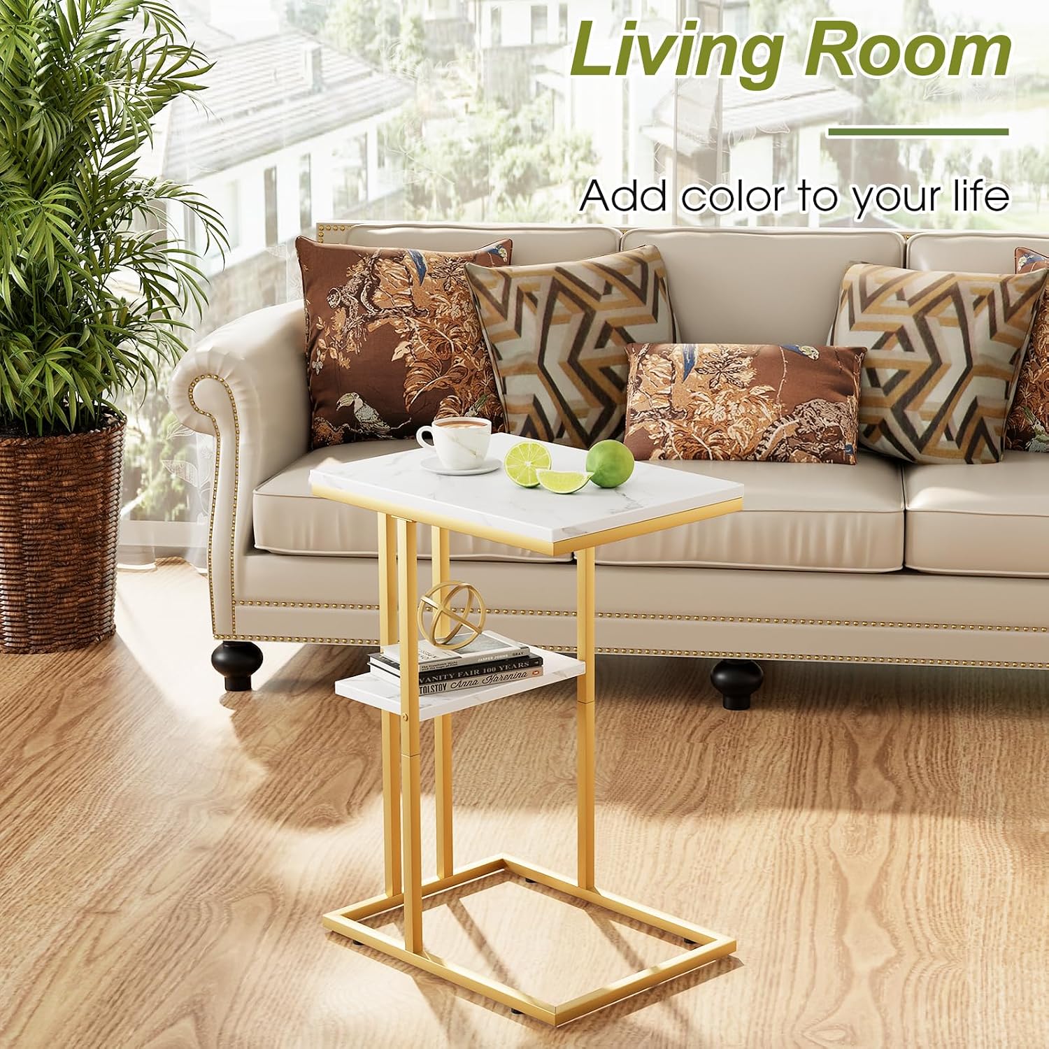 White Gold Slidable C-Shaped Couch Side Table