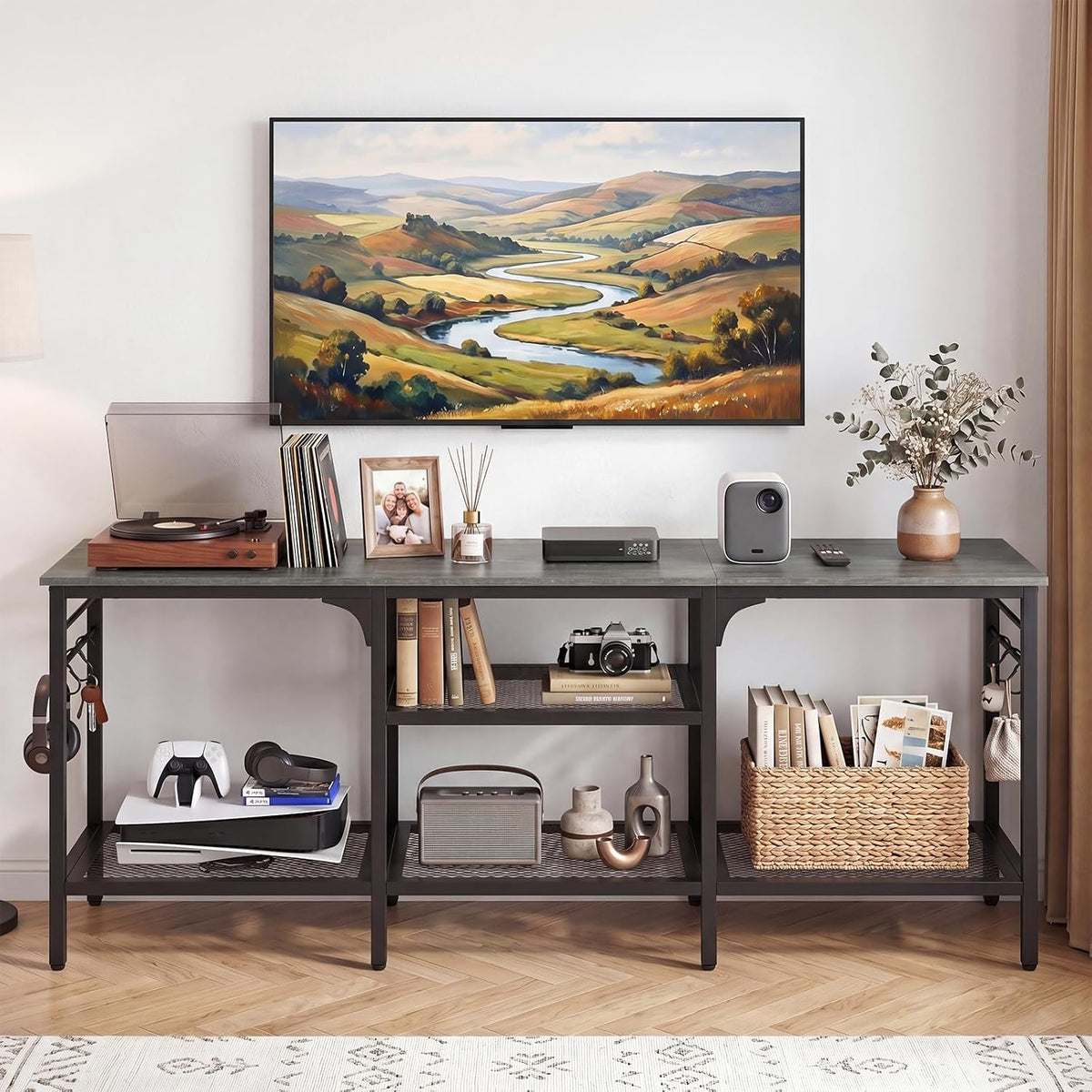 Oak 3-Tier Industrial TV Console Stand