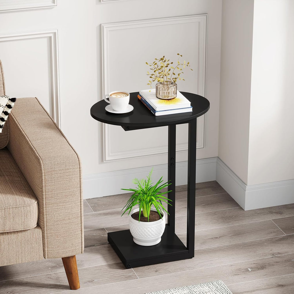 Black Wooden C-Shaped Couch Side Table