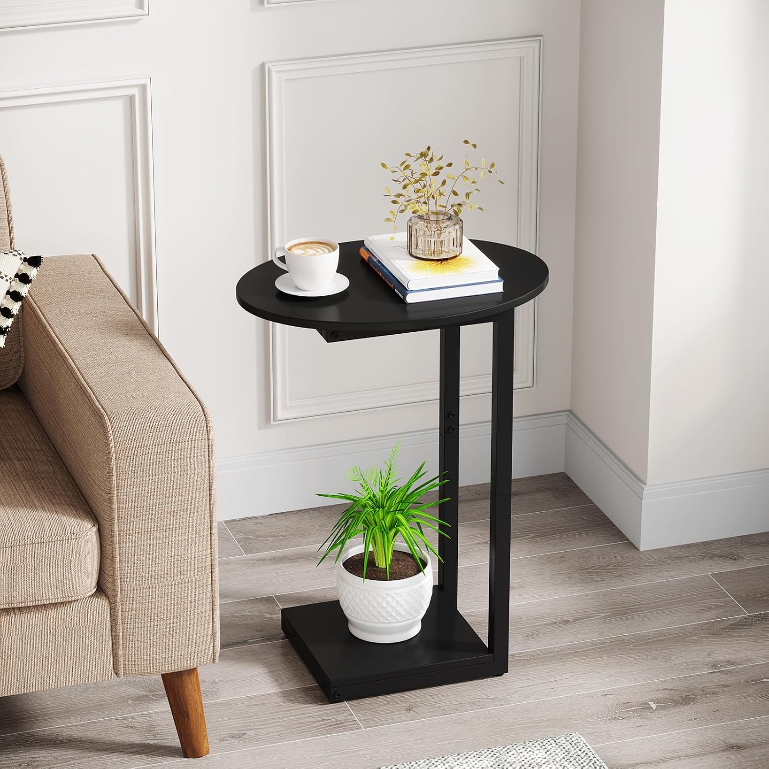 Black Wooden C-Shaped Couch Side Table