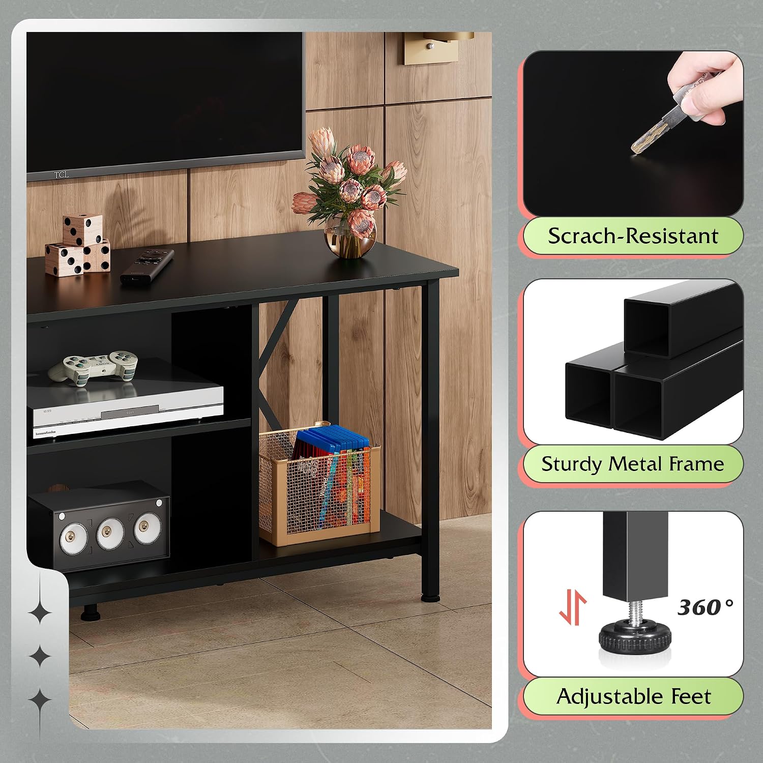 Black Compact Adjustable Industrial TV Stand